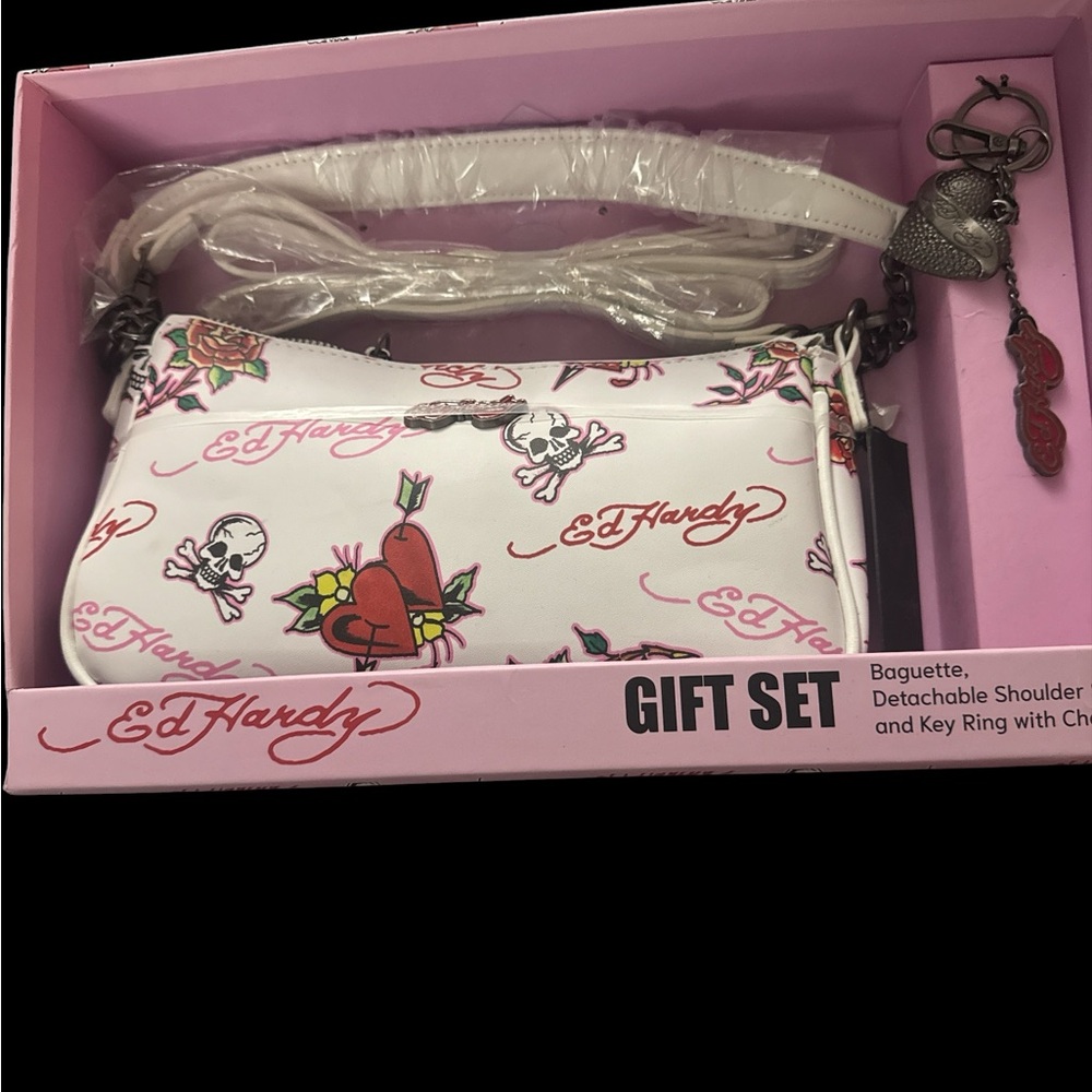 Ed Hardy White Tattoo Heart & Skull Baguette Bag - Picture 7 of 7